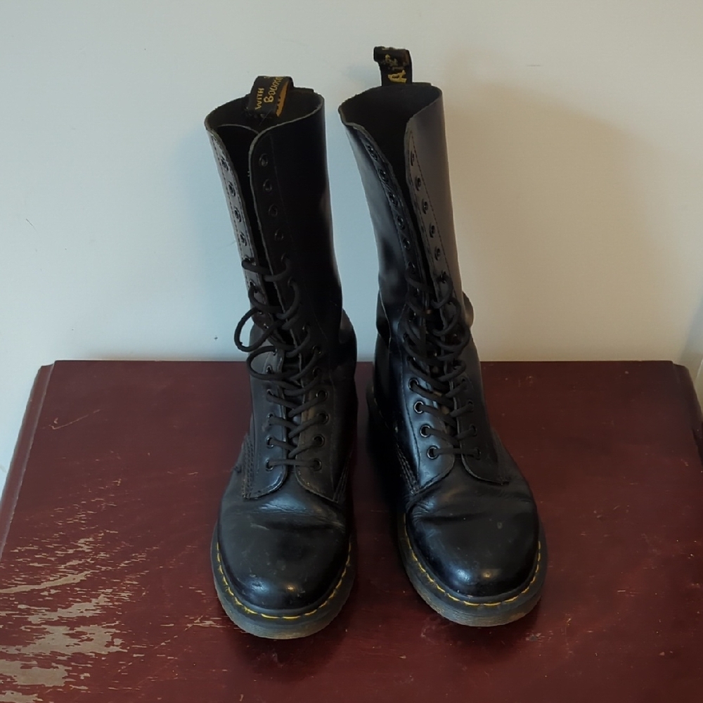 Dr. Martens Black Leather 10-Eye Lace-Up Boots with Yellow Stitching